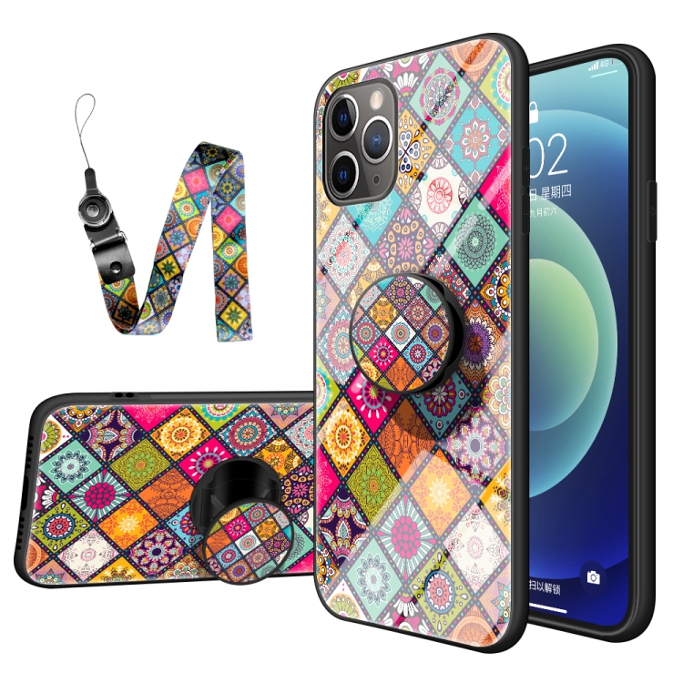 

Painted Ethnic Pattern Tempered Glass TPU Shockproof Case with Folding Magnetic Holder & Neck Strap For iPhone 11 Pro Max(Colorful)