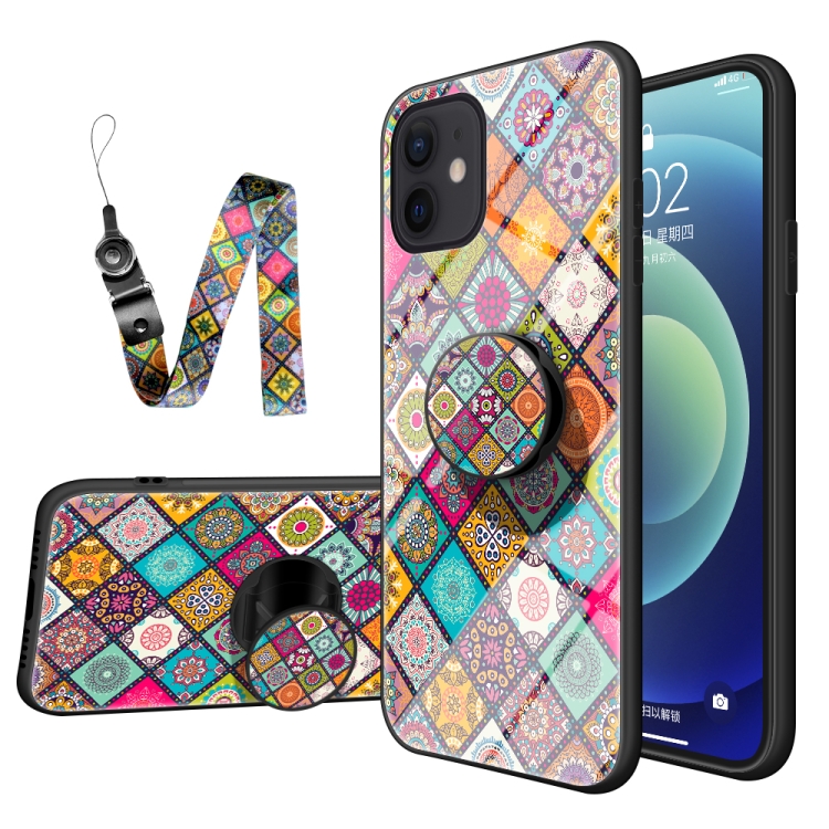 

Painted Ethnic Pattern Tempered Glass TPU Shockproof Case with Folding Magnetic Holder & Neck Strap For iPhone 12 / 12 Pro(Checkered)