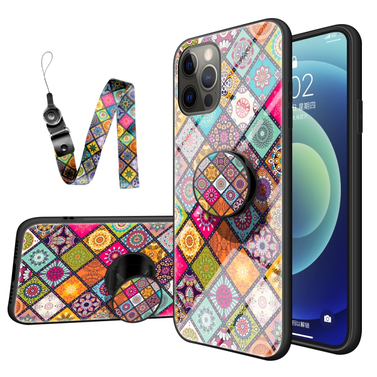 

Painted Ethnic Pattern Tempered Glass TPU Shockproof Case with Folding Magnetic Holder & Neck Strap For iPhone 12 Pro Max(Colorful)