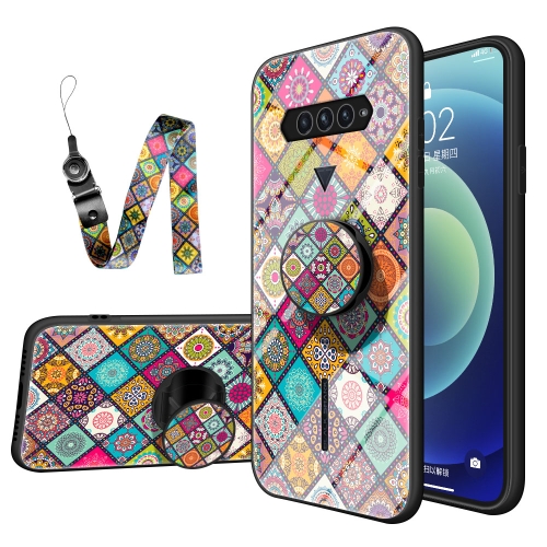 

For Xiaomi Black Shark 4 / 4 Pro Painted Ethnic Pattern Tempered Glass TPU Shockproof Case with Folding Magnetic Holder & Neck Strap(Checkered)