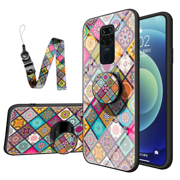 

For Xiaomi Redmi 10X 4G Painted Ethnic Pattern Tempered Glass TPU Shockproof Case with Folding Magnetic Holder & Neck Strap(Checkered)