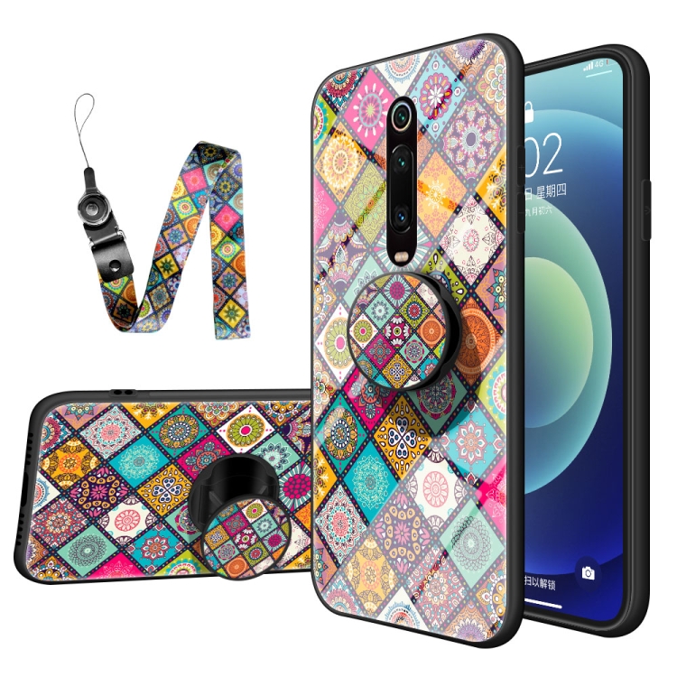 

For Xiaomi Redmi K20 / K20 Pro Painted Ethnic Pattern Tempered Glass TPU Shockproof Case with Folding Magnetic Holder & Neck Strap(Checkered)