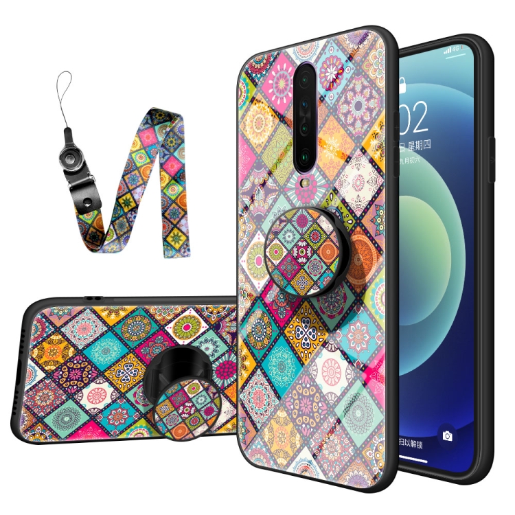 

For Xiaomi Redmi K30 5G Painted Ethnic Pattern Tempered Glass TPU Shockproof Case with Folding Magnetic Holder & Neck Strap(Checkered)