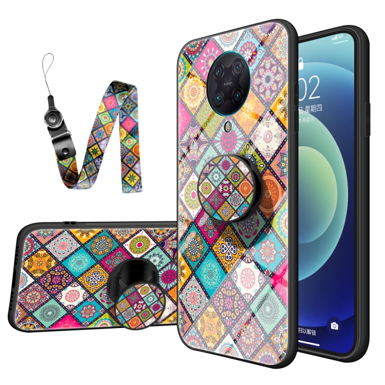 

For Xiaomi Redmi K30 Pro Painted Ethnic Pattern Tempered Glass TPU Shockproof Case with Folding Magnetic Holder & Neck Strap(Checkered)