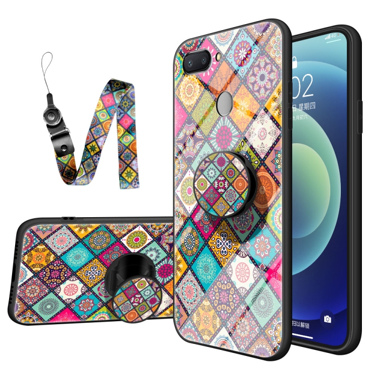 

For Xiaomi Redmi Note 10 4G / Note 10S Painted Ethnic Pattern Tempered Glass TPU Shockproof Case with Folding Magnetic Holder & Neck Strap(Checkered)