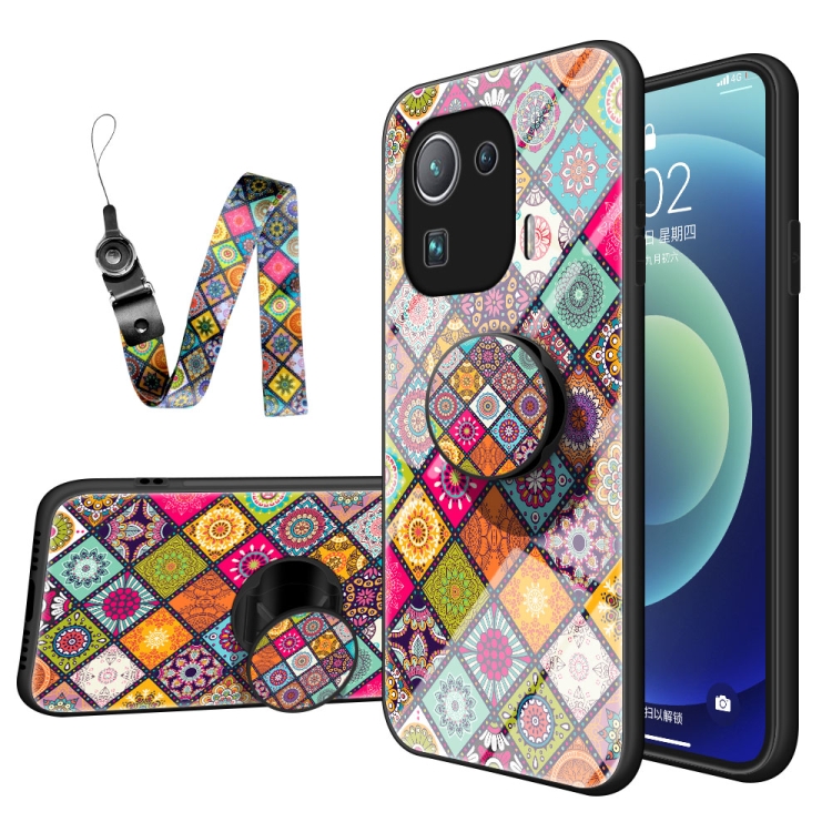 

For Xiaomi Mi 11 Pro Painted Ethnic Pattern Tempered Glass TPU Shockproof Case with Folding Magnetic Holder & Neck Strap(Colorful)