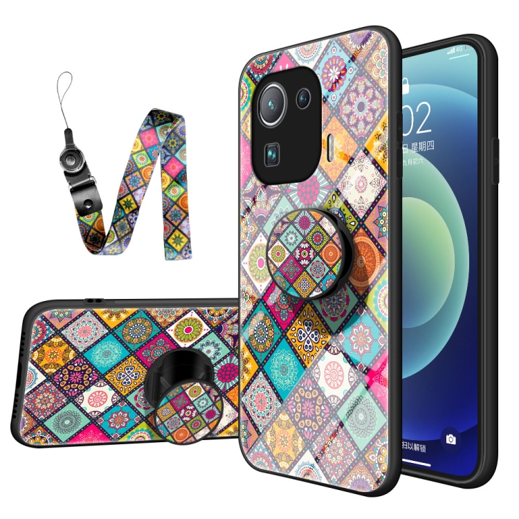

For Xiaomi Mi 11 Pro Painted Ethnic Pattern Tempered Glass TPU Shockproof Case with Folding Magnetic Holder & Neck Strap(Checkered)