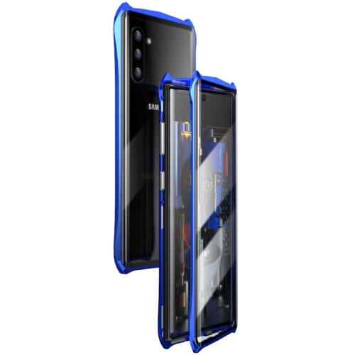 

For Galaxy Note 10 Ultra Slim Double Sides Batman Magnetic Adsorption Angular Frame Tempered Glass Magnet Flip Case(Blue)