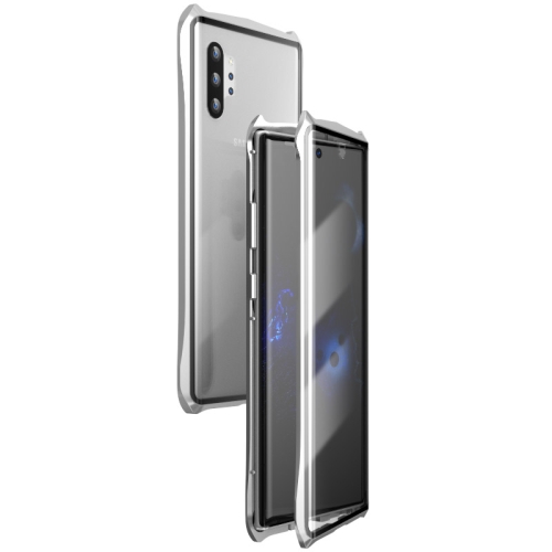 

For Galaxy Note 10+ Ultra Slim Double Sides Batman Magnetic Adsorption Angular Frame Tempered Glass Magnet Flip Case(Silver)