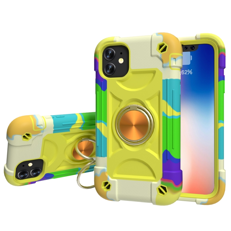 

Shockproof Silicone + PC Protective Case with Dual-Ring Holder For iPhone 11 Pro(Colorful Yellow Green)