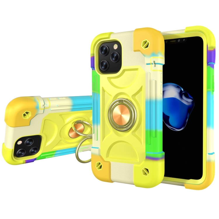

Shockproof Silicone + PC Protective Case with Dual-Ring Holder For iPhone 12 / 12 Pro(Colorful Yellow Green)