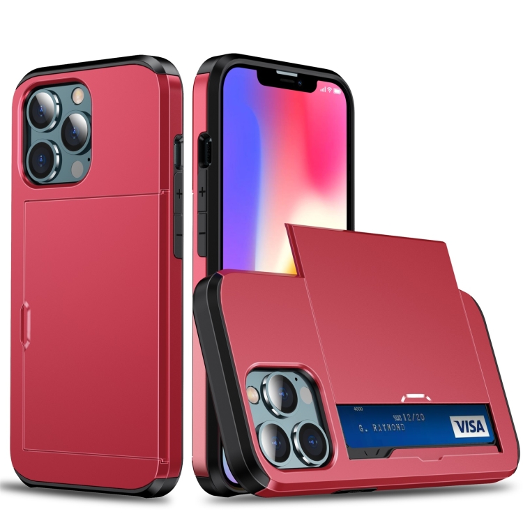 

Shockproof Armor Protective Case with Slide Card Slot For iPhone 13 Pro(Red)
