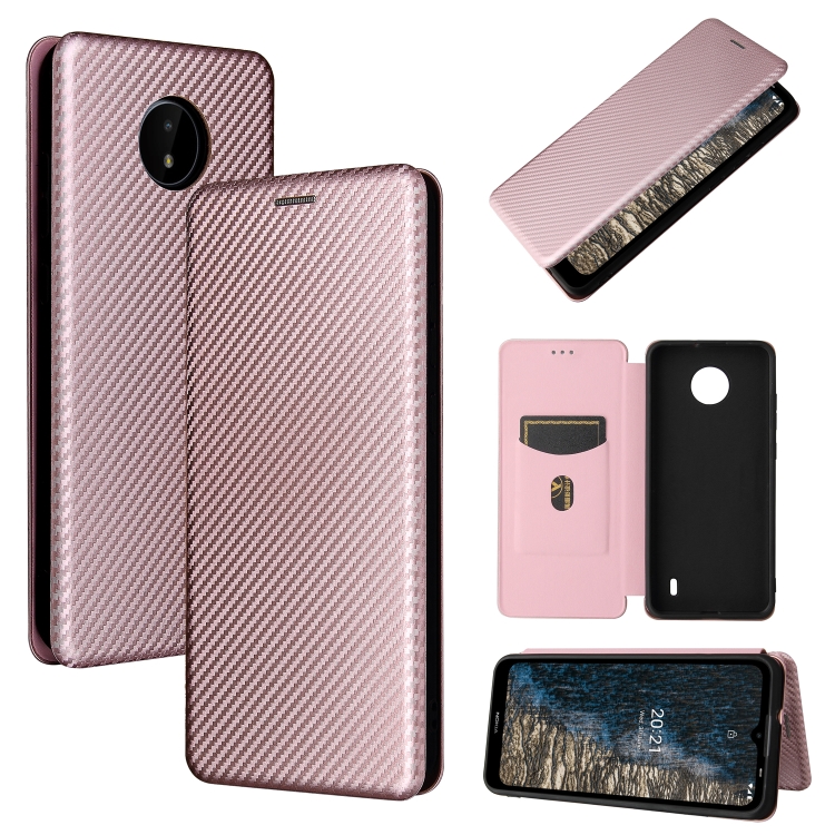 

For Nokia C20 Carbon Fiber Texture Magnetic Horizontal Flip TPU + PC + PU Leather Case with Card Slot(Pink)