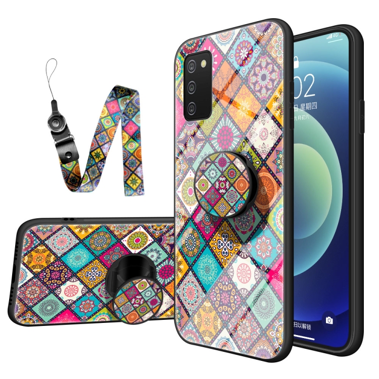 

For Samsung Galaxy A02s Painted Ethnic Pattern Tempered Glass TPU Shockproof Case with Folding Magnetic Holder & Neck Strap(Checkered)