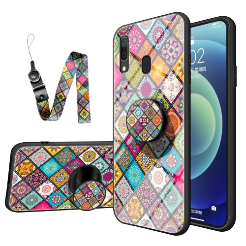 

For Samsung Galaxy A20 / A30 Painted Ethnic Pattern Tempered Glass TPU Shockproof Case with Folding Magnetic Holder & Neck Strap(Checkered)