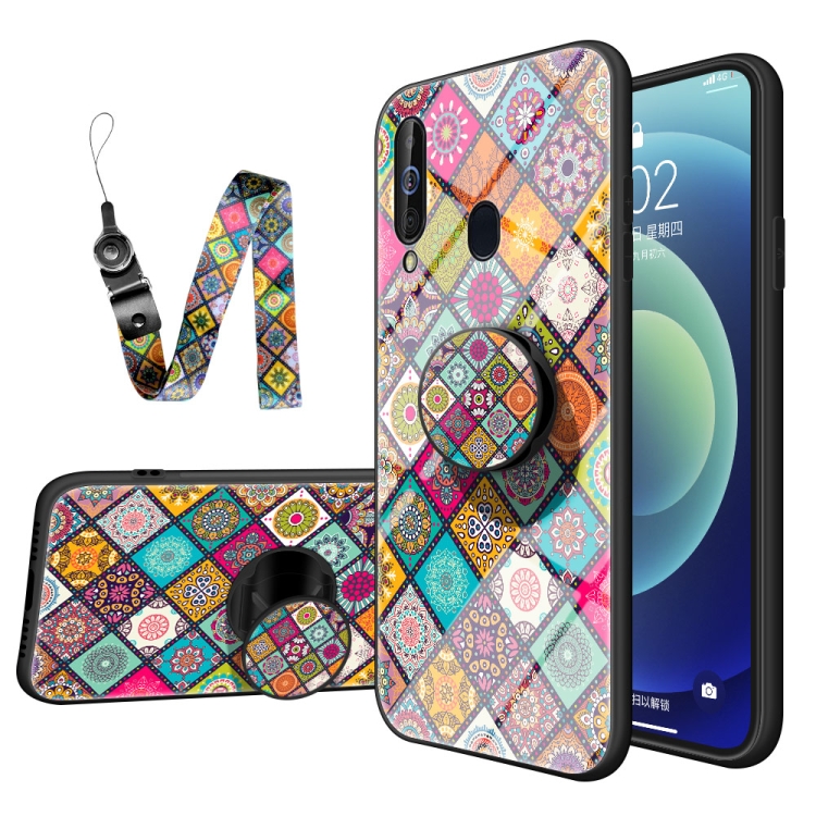 

For Samsung Galaxy A60 Painted Ethnic Pattern Tempered Glass TPU Shockproof Case with Folding Magnetic Holder & Neck Strap(Checkered)