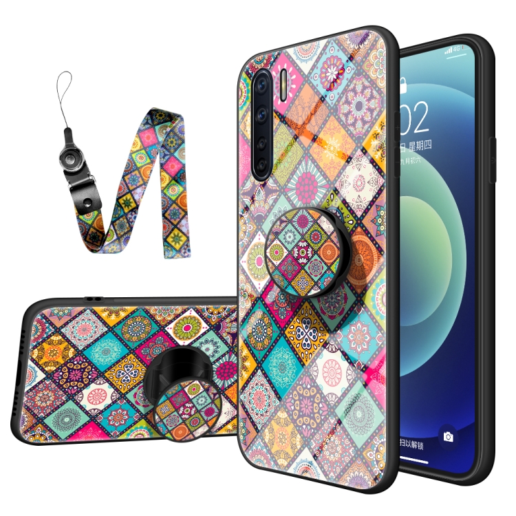 

For Samsung Galaxy A91 Painted Ethnic Pattern Tempered Glass TPU Shockproof Case with Folding Magnetic Holder & Neck Strap(Checkered)