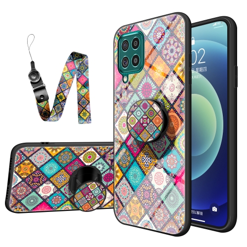 

For Samsung Galaxy F62 Painted Ethnic Pattern Tempered Glass TPU Shockproof Case with Folding Magnetic Holder & Neck Strap(Checkered)