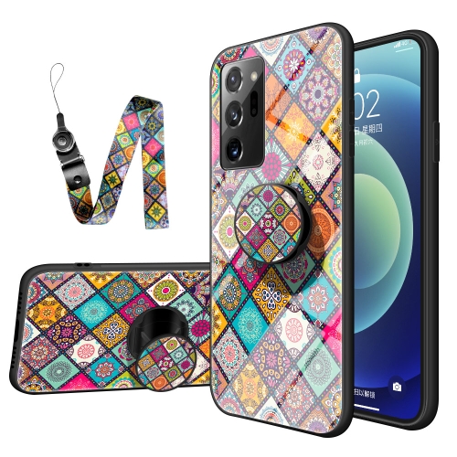 

For Samsung Galaxy Note20 Painted Ethnic Pattern Tempered Glass TPU Shockproof Case with Folding Magnetic Holder & Neck Strap(Checkered)