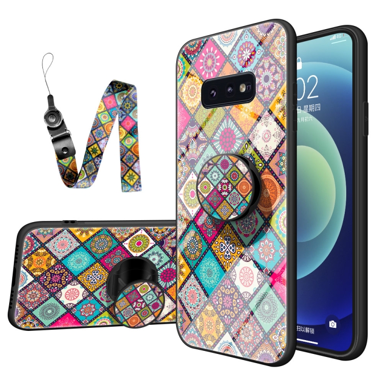 

For Samsung Galaxy S10e Painted Ethnic Pattern Tempered Glass TPU Shockproof Case with Folding Magnetic Holder & Neck Strap(Checkered)