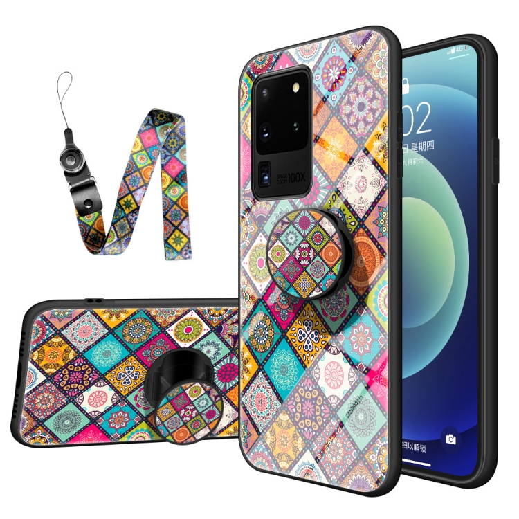 

For Samsung Galaxy S20 Ultra Painted Ethnic Pattern Tempered Glass TPU Shockproof Case with Folding Magnetic Holder & Neck Strap(Checkered)