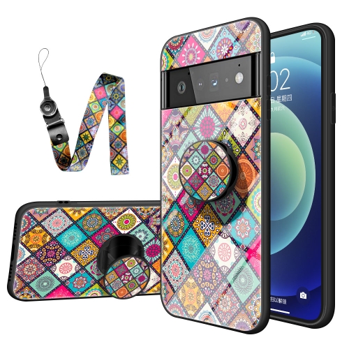 

For Google Pixel 6 Pro Painted Ethnic Pattern Tempered Glass TPU Shockproof Case with Folding Magnetic Holder & Neck Strap(Checkered)