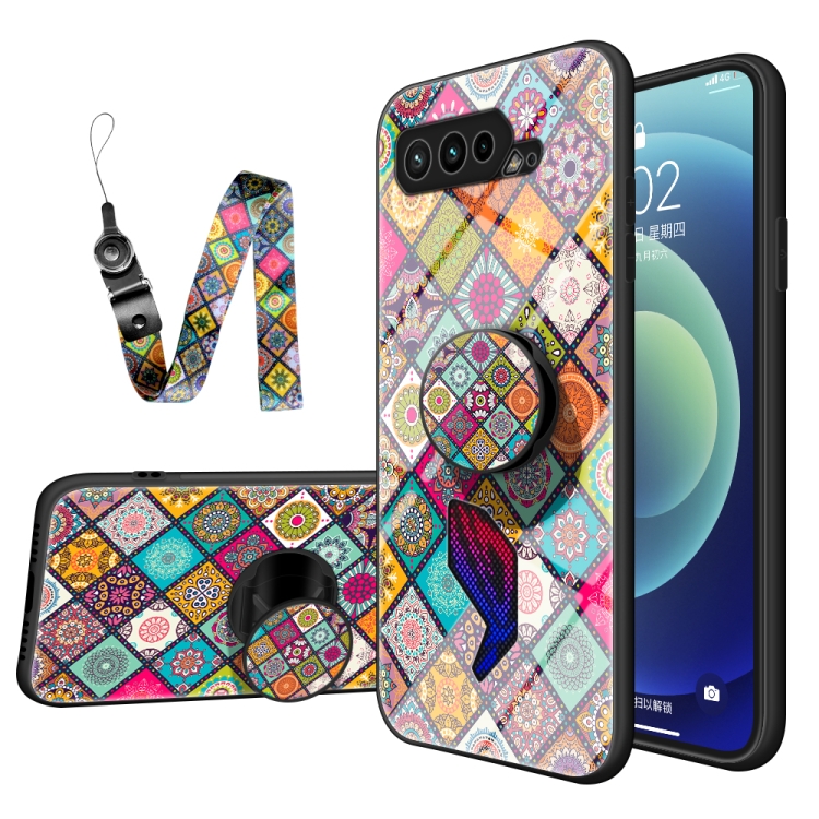 

For Asus ROG Phone 5 Painted Ethnic Pattern Tempered Glass TPU Shockproof Case with Folding Magnetic Holder & Neck Strap(Checkered)