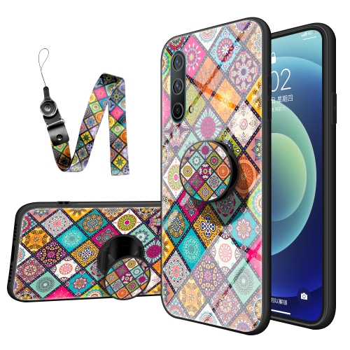 

For OnePlus Nord CE 5G Painted Ethnic Pattern Tempered Glass TPU Shockproof Case with Folding Magnetic Holder & Neck Strap(Checkered)