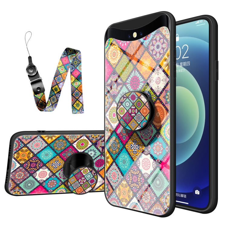 

For OPPO Find X Painted Ethnic Pattern Tempered Glass TPU Shockproof Case with Folding Magnetic Holder & Neck Strap(Checkered)