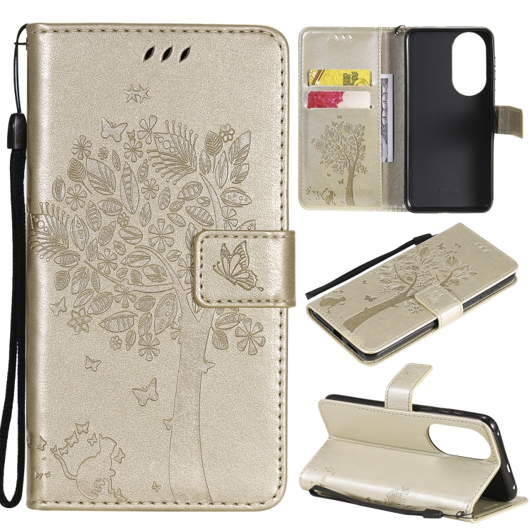 

For Huawei P50 Tree & Cat Pattern Pressed Printing Horizontal Flip PU Leather Case with Holder & Card Slots & Wallet & Lanyard(Gold)