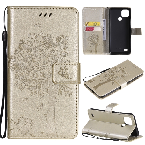 

For OPPO Realme C21 / C20 Tree & Cat Pattern Pressed Printing Horizontal Flip PU Leather Case with Holder & Card Slots & Wallet & Lanyard(Gold)