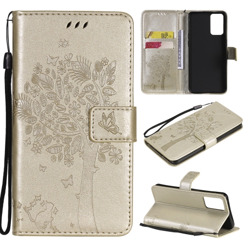 

For OPPO Reno6 5G Tree & Cat Pattern Pressed Printing Horizontal Flip PU Leather Case with Holder & Card Slots & Wallet & Lanyard(Gold)