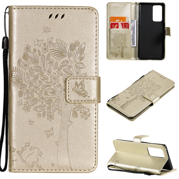 

For OPPO Reno6 Pro+ 5G Tree & Cat Pattern Pressed Printing Horizontal Flip PU Leather Case with Holder & Card Slots & Wallet & Lanyard(Gold)