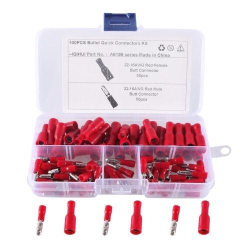 

A6195 100 PCS Red AWG22~16 Car Cable Connection Cold Press Terminal Male & Female Connector