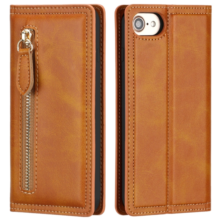 

For iPhone 6 / 7 / 8 Skin Texture Magnetic Zipper Horizontal Flip Leather Case with Card Slot & Wallet(Orange)