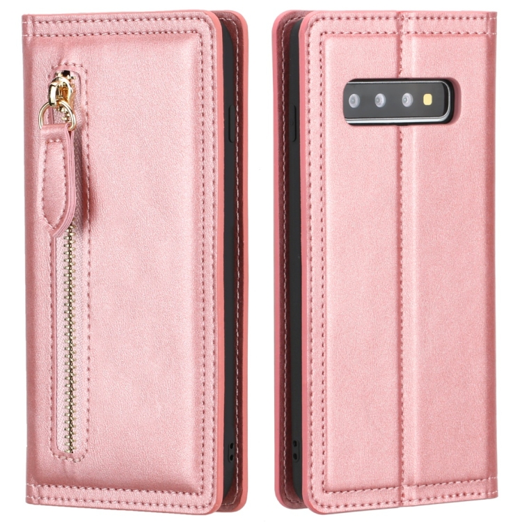 

For Galaxy S10 Skin Texture Magnetic Zipper Horizontal Flip Leather Case with Card Slot & Wallet(Rose Gold)