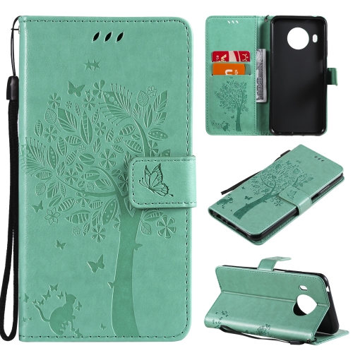 

For Nokia X10 Tree & Cat Pattern Pressed Printing Horizontal Flip PU Leather Case with Holder & Card Slots & Wallet & Lanyard(Green)