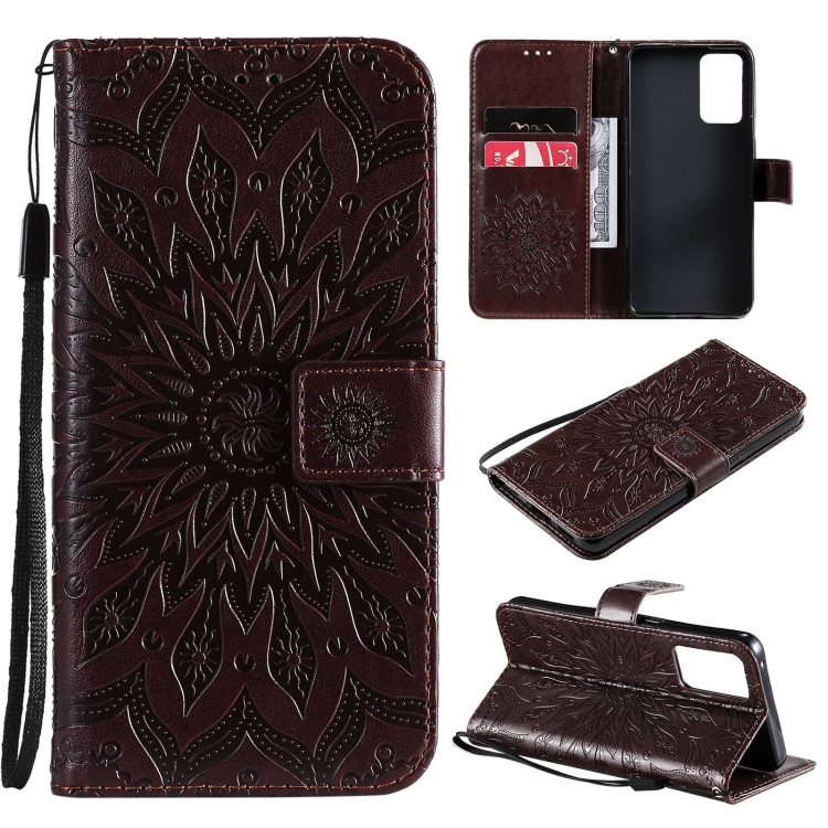 

For OPPO Reno6 5G Sun Embossing Pattern Horizontal Flip Leather Case with Card Slot & Holder & Wallet & Lanyard(Brown)