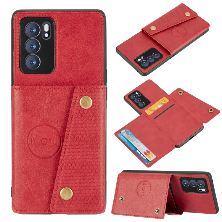 

For OPPO Reno6 Pro 5G Double Buckle PU + TPU Shockproof Magnetic Protective Case with Card Slot & Holder(Red)