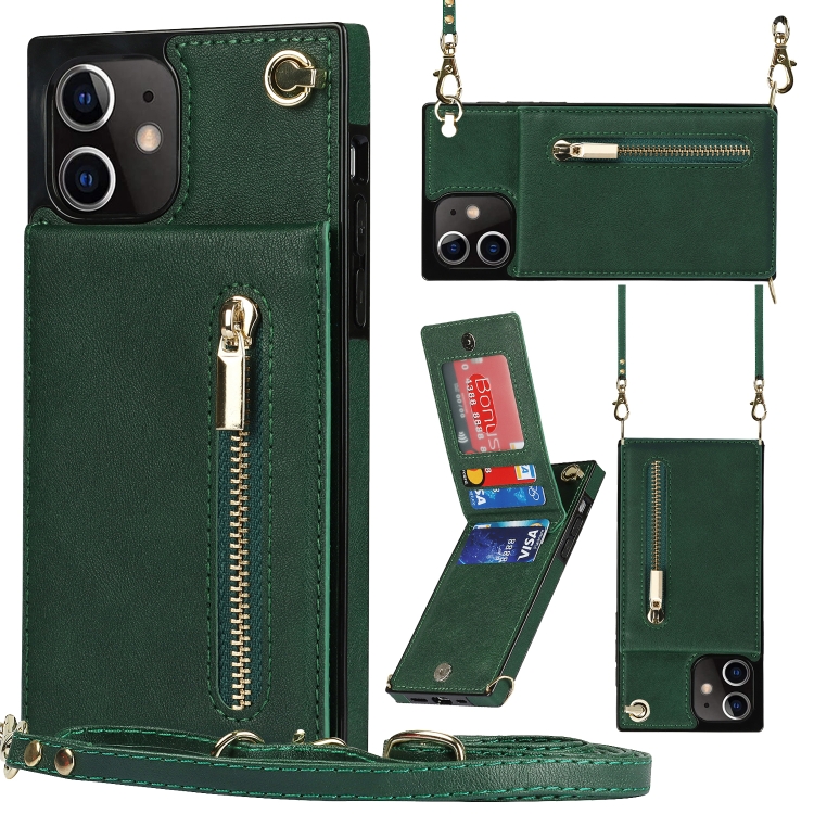

Cross-body Zipper Square TPU+PU Back Cover Case with Holder & Card Slots & Wallet & Strap For iPhone 12 mini(Green)