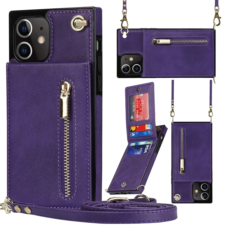 

Cross-body Zipper Square TPU+PU Back Cover Case with Holder & Card Slots & Wallet & Strap For iPhone 12 mini(Purple)