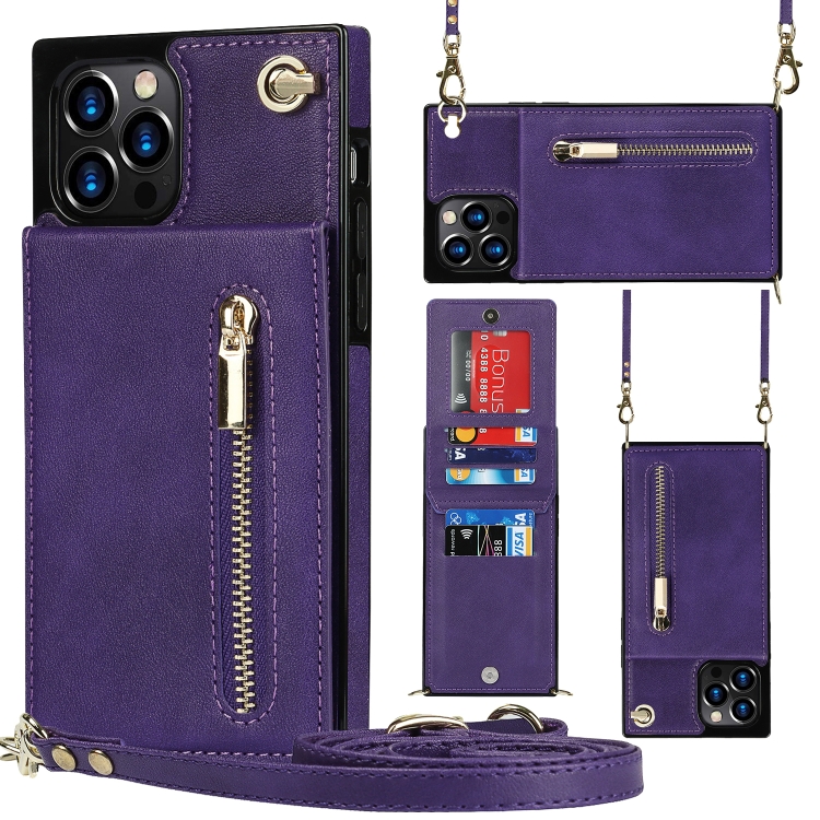 

Cross-body Zipper Square TPU+PU Back Cover Case with Holder & Card Slots & Wallet & Strap For iPhone 12 Pro Max(Purple)