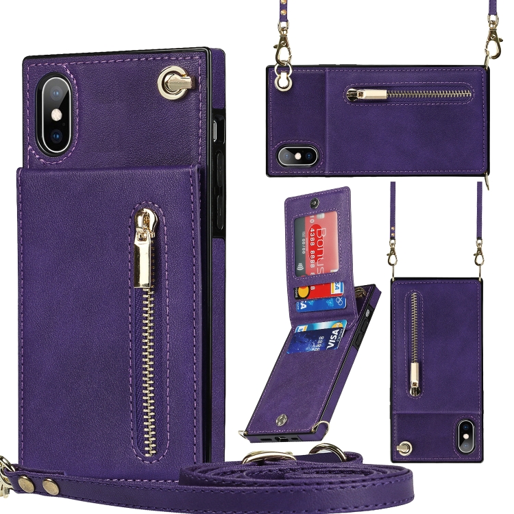 

Cross-body Zipper Square TPU+PU Back Cover Case with Holder & Card Slots & Wallet & Strap For iPhone XS / X(Purple)