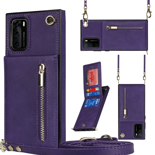 

For Huawei P40 Cross-body Zipper Square TPU+PU Back Cover Case with Holder & Card Slots & Wallet & Strap(Purple)