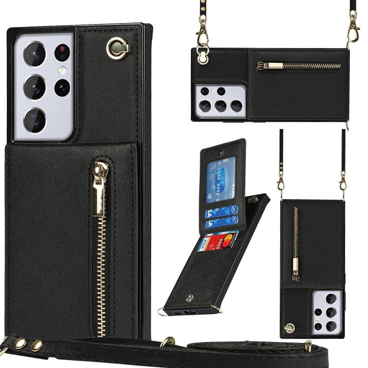

For Samsung Galaxy S21 Ultra 5G Cross-body Zipper Square TPU+PU Back Cover Case with Holder & Card Slots & Wallet & Strap(Black)