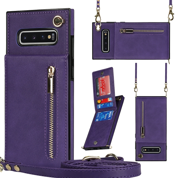 

For Samsung Galaxy S10 Plus Cross-body Zipper Square TPU+PU Back Cover Case with Holder & Card Slots & Wallet & Strap(Purple)