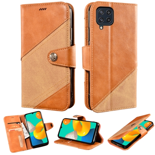 

For Samsung Galaxy M32 Contrast Color Splicing Retro Texture Horizontal Flip PU Leather Case with Card Slots & Holder & Wallet(Brown)