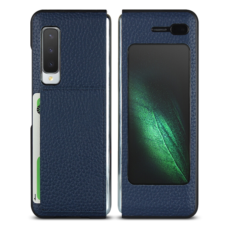 

For Samsung Galaxy Fold Lychee Texture Leather Folding Protective Case with Card Slot(Blue)