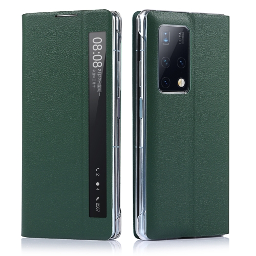 

For Huawei Mate X2 Small Lychee Texture Smart View Window Horizontal Flip Leather Case with Holder & Sleep / Wake-up Function(Dark Green)