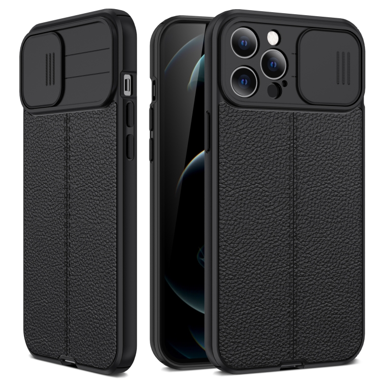 

Litchi Texture Sliding Camshield TPU Protective Case For iPhone 12 Pro(Black)
